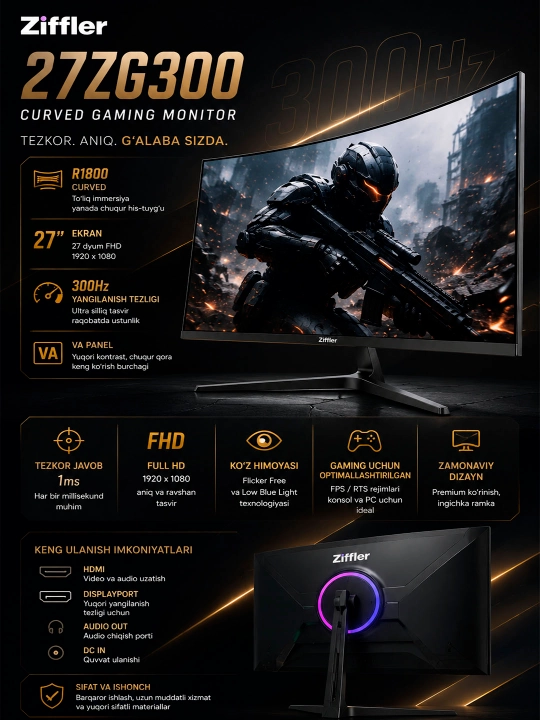 Игровой Монитор ZIFFLER 27ZG300 Curved Monitor 27" 300Hz - 