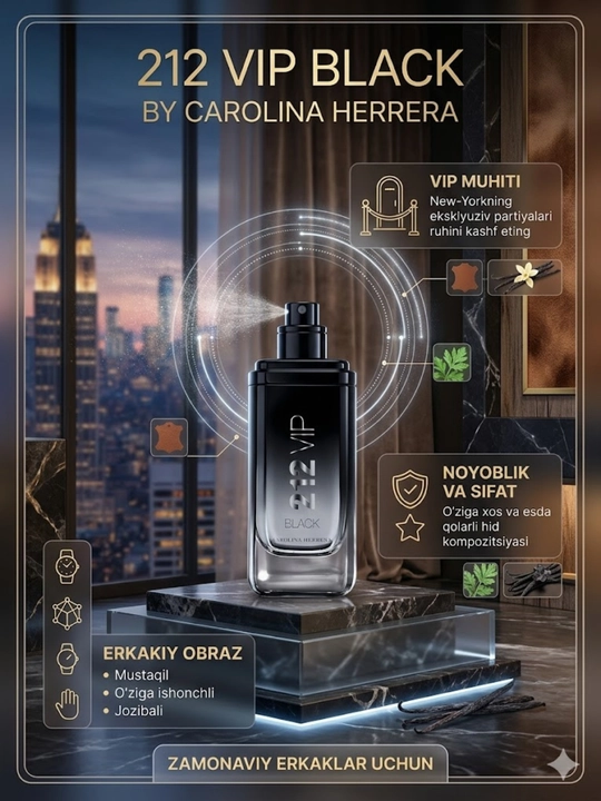 212 VIP Black Carolina Herrera erkaklar atirlari, har qanday mavsum uchun qulay