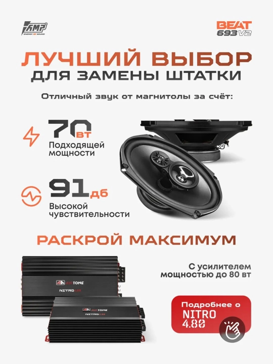 Колонки AMP "Beat 693" ver. 2, 70Вт, чувствительность 92дБ, 3Ом, 2 полосы, овальные