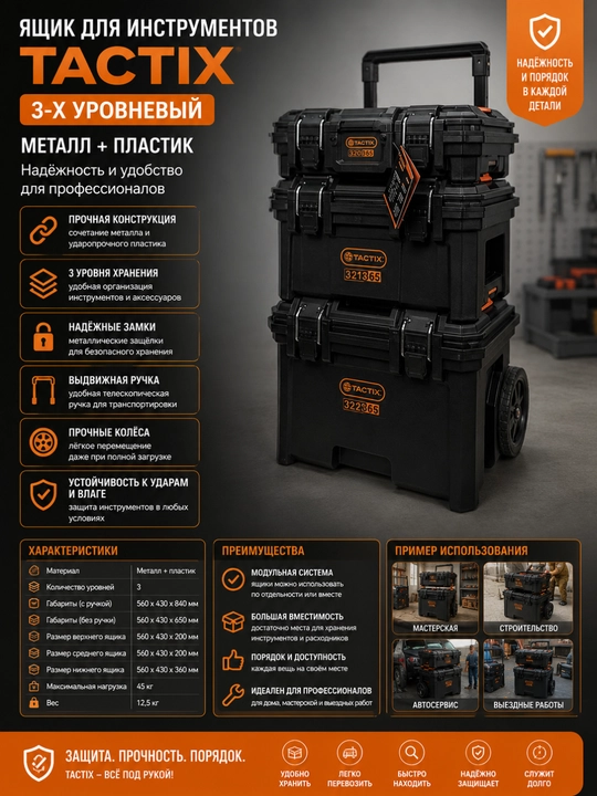 TACTIX 3 qavatli asboblar qutisi – metall va plastik, qulay saqlash tizimi - 