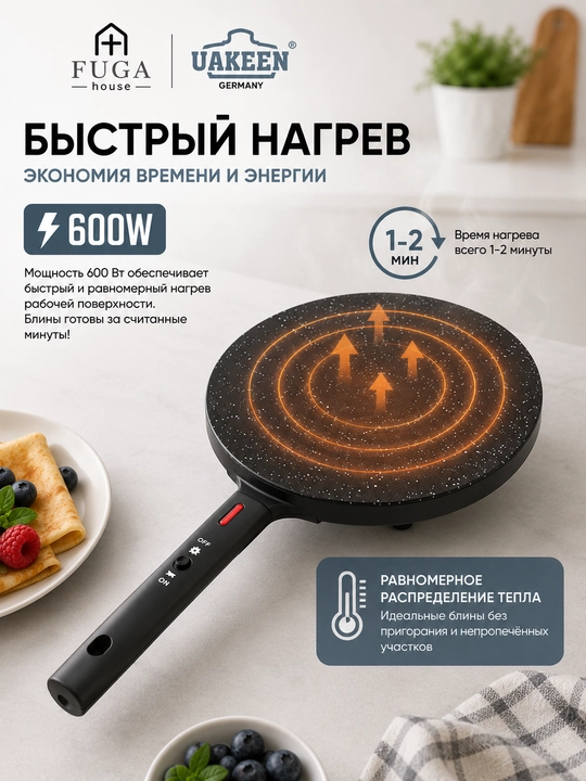 UAKEEN ZL-420 elektr blinchitnitsa-tova, 600 Vt, yopishmaydigan qoplama