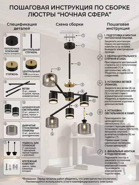 Дизайнерская светодиодная люстра потолочная ORBITAL, 6 ламп, Лофт / Минимализм
