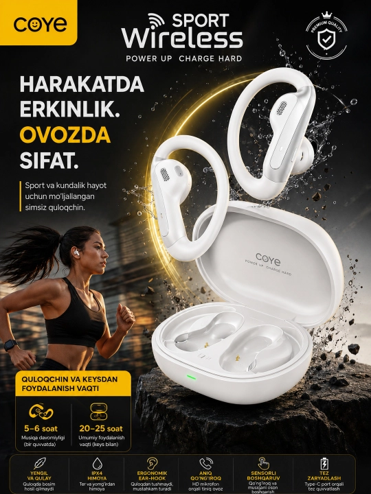 Simsiz quloqchinlar Bluetooth 70 soat ish vaqti mikrofon sensorli suvdan himoyalangan IPX