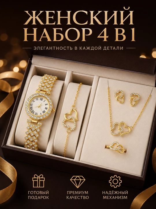 Подарок для женщины 5 в 1 - часы, браслет, серьги, цепочка и кольцо - 