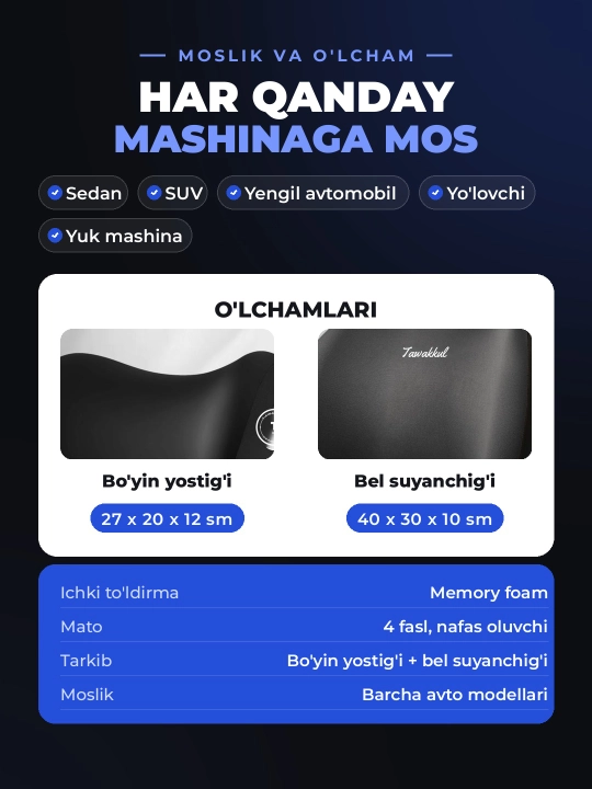 Avtomobil uchun ortopedik yostiq, bo'yin yostig'i va mashina yostiqchasi