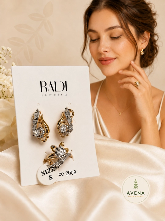 RADI Jewelry комплект листья золото серебро цирконы — природная элегантность SIZE 8  - 