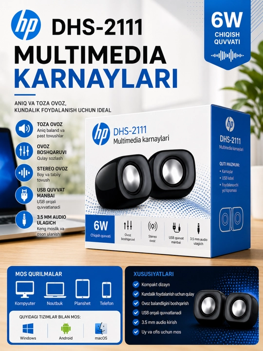 HP DHS-2111 Multimedia Karnaylari, 6W, USB va 3.5 mm Audio Ulagich - 