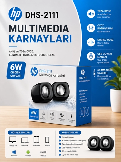 HP DHS-2111 Multimedia Karnaylari, 6W, USB va 3.5 mm Audio Ulagich