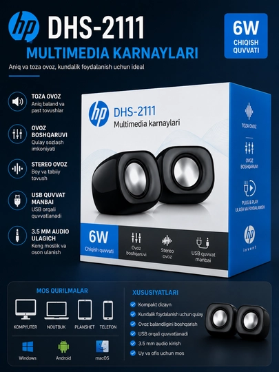 HP DHS-2111 Multimedia Karnaylari, 6W, USB va 3.5 mm Audio Ulagich