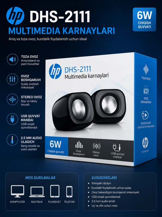 HP DHS-2111 Multimedia Karnaylari, 6W, USB va 3.5 mm Audio Ulagich