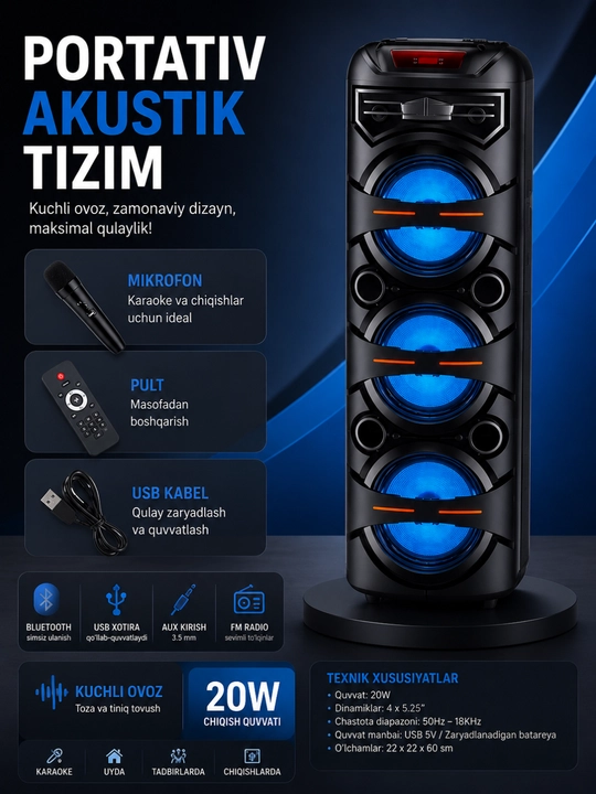 Портативная акустическая система с Bluetooth, микрофоном и пультом