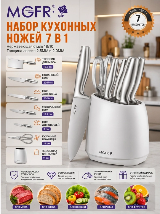 Набор кухонных ножей MGFR 7 в 1 с подставкой и ножницами из нержавеющей стали - 