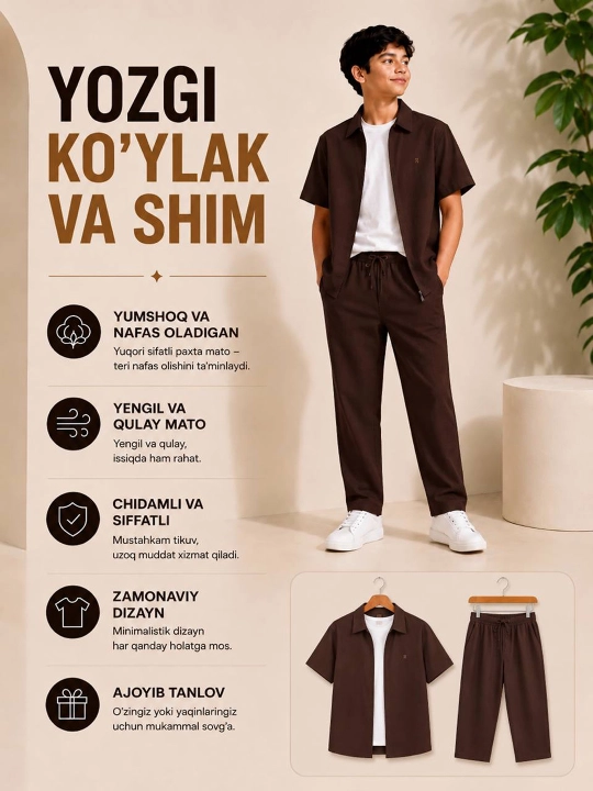 O‘g‘il bolalar uchun yozgi kiyim to‘plami – ko‘ylak, futbolka va shim, 3 tasi 1 da - 