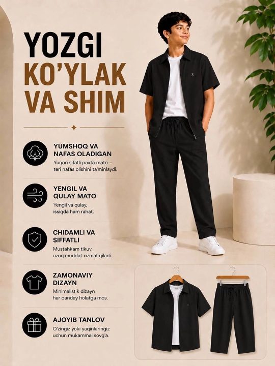 O‘g‘il bolalar uchun yozgi kiyim to‘plami – ko‘ylak, futbolka va shim, 3 tasi 1 da - 