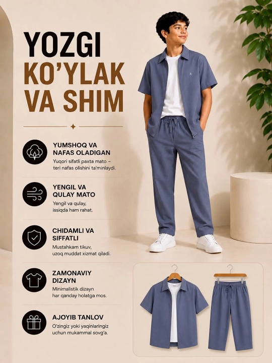 O‘g‘il bolalar uchun yozgi kiyim to‘plami – ko‘ylak, futbolka va shim, 3 tasi 1 da - 