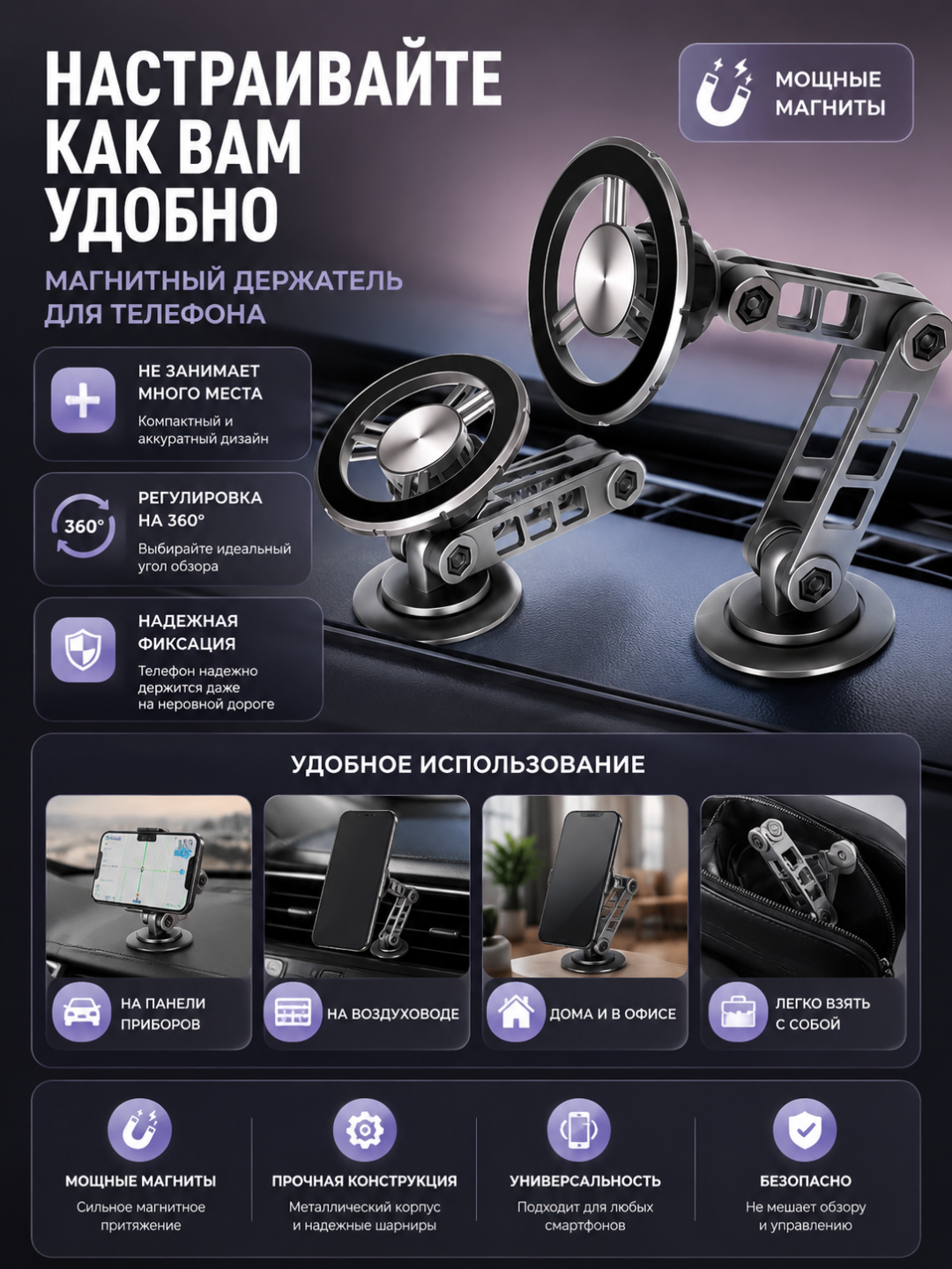 Магнитный держатель телефона для автомобиля с Magsafe, вращающийся на 360 градусов - 