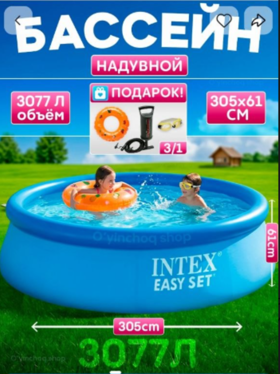 Shishiriladigan oilaviy hovli, oila uchun katta basseyn Avenli 305x65 см - 