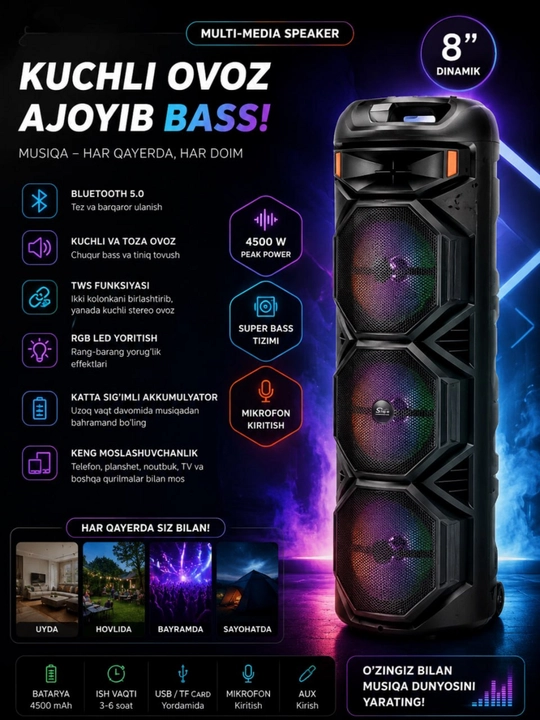 Bluetooth ZQS 8301- 8308-katta musiqa karnayi, simsiz mikrofon - 