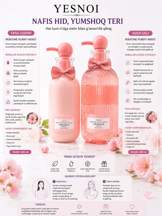 YESNOW to‘plami, jumladan, dush uchun xushbo‘y gel va namlantiruvchi loson 500 ml + 500 ml