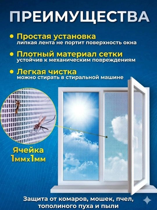 Москитная сетка на окно, самоклеящаяся, 150 х 150 см