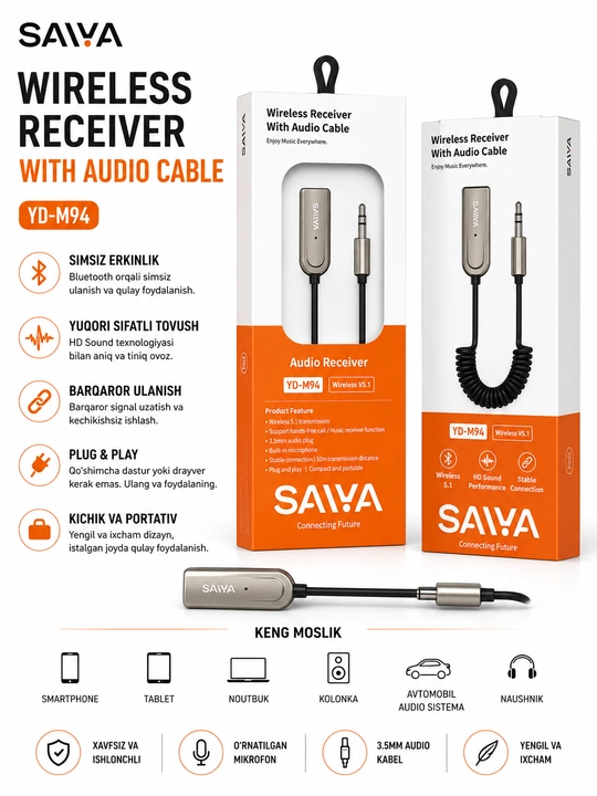 SAIVA YD-M49 Simsiz Bluetooth Receiver, AUX 3.5 mm Audio Kabeli bilan