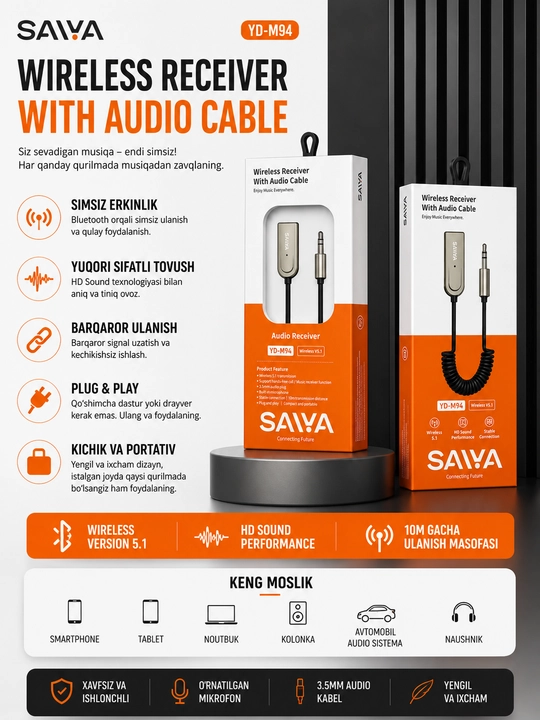 SAIVA YD-M49 Simsiz Bluetooth Receiver, AUX 3.5 mm Audio Kabeli bilan - 