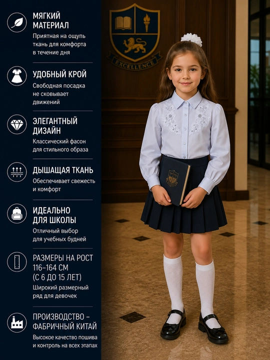 Школьные блузки для девочек, с длинными и короткими рукавами, 12 видов