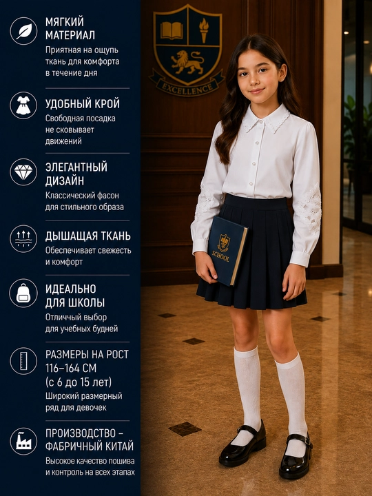 Школьные блузки для девочек, с длинными и короткими рукавами, 12 видов