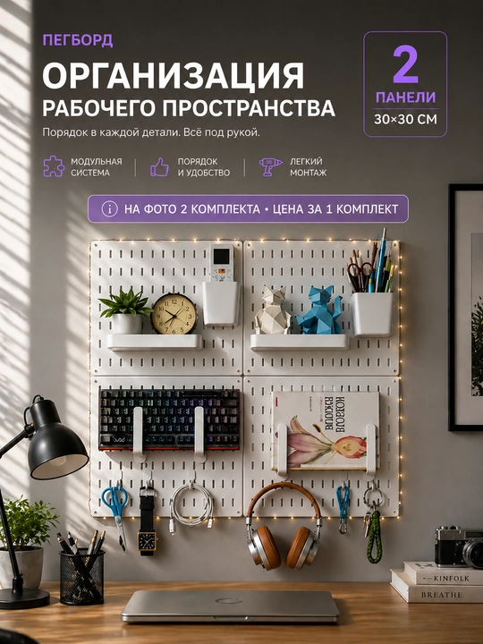 Мудборд пегборд с полками и держателями, органайзер настенный, перфорированная панель - 