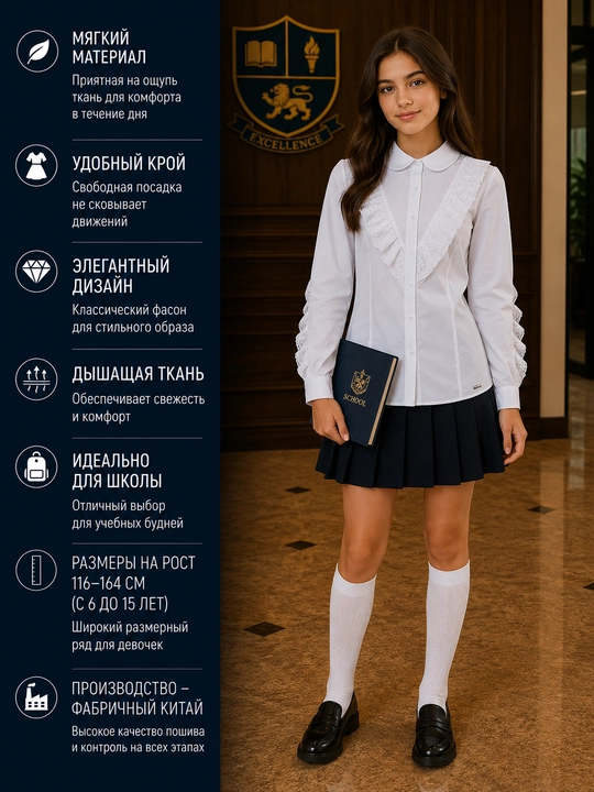 Школьные блузки для девочек, с длинными и короткими рукавами, 12 видов