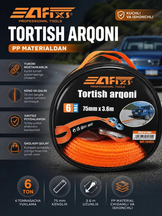 Avtomobil uchun tortish trosi 6 tonna, 3.6 metr, metall ilgakli - 