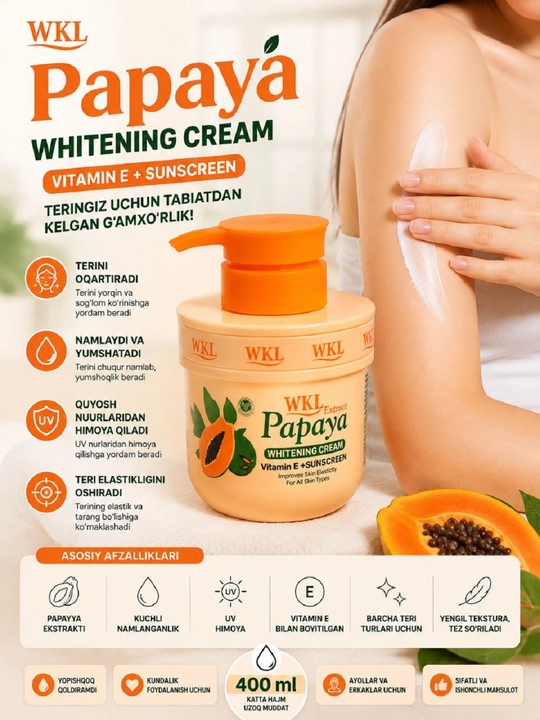 WKL Papaya Whitening Cream – Oqartiruvchi va Namlantiruvchi Krem, 400 ml