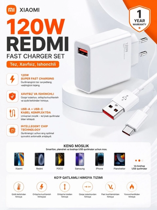 Samsung va Xiaomi Redmi uchun tezkor quvvatlash qurilmasi 120 Vt 67 Vt 33 Vt Type-C kabeli