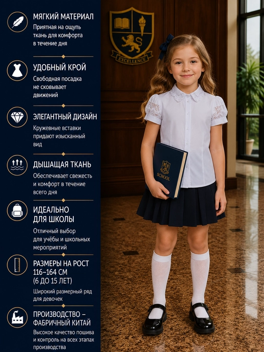 Школьные блузки для девочек, с длинными и короткими рукавами, 12 видов