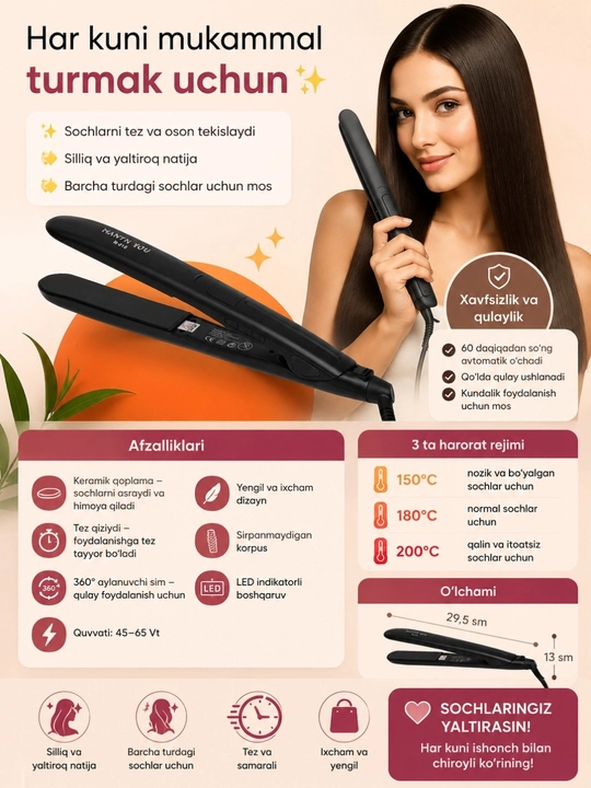 Professional soch tekislagich – Keramik qoplamali, 3 harorat rejimli,360° aylanuvchi kabel