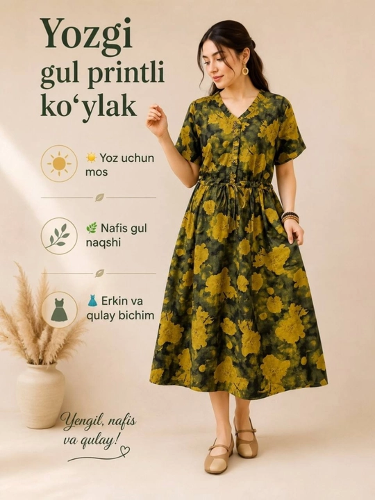 Yozgi gul printli ko‘ylak, marlyovka matoli, fransuzcha uzun fason, standart 46–52