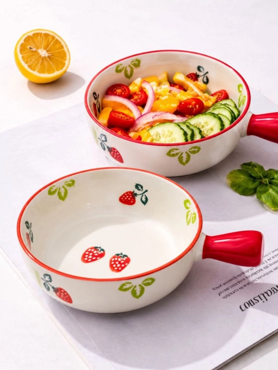 Керамическая салатная миска с узором и ручкой