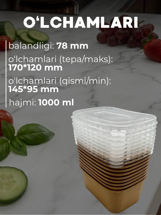 Qalin ekologik toza kraft qog'ozidan tayyorlangan oziq-ovqat idishi, 10 dona, 1000 ml