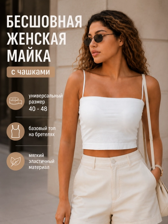 Женская майка с чашками, женский топ на бретелях, базовый топ, универсальный, размер 40-48