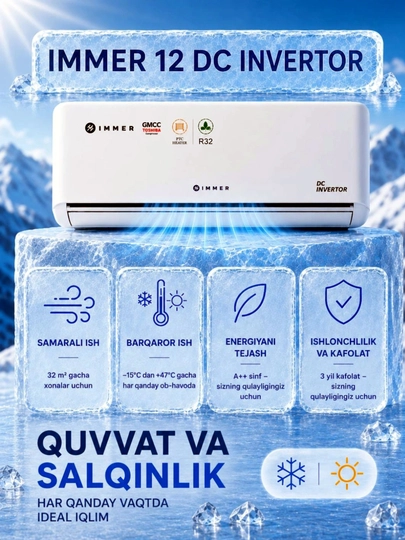 Konditsioner IMMER 12 FULL DC Inverter R32 split tizimi shovqinsiz, tejamkor
