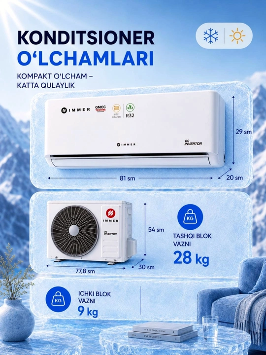Konditsioner IMMER 12 FULL DC Inverter R32 split tizimi shovqinsiz, tejamkor
