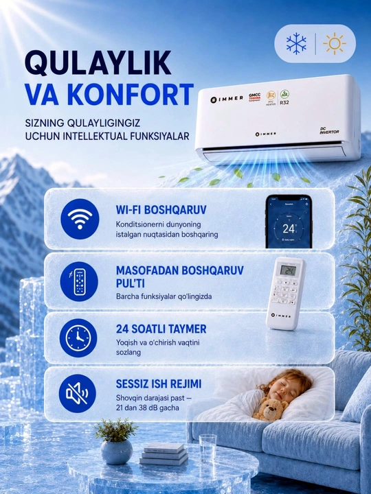 Konditsioner IMMER 12 FULL DC Inverter R32 split tizimi shovqinsiz, tejamkor