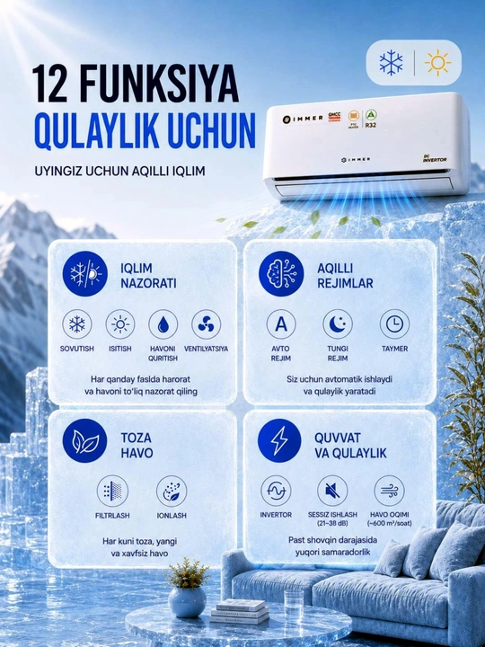 Konditsioner IMMER 12 FULL DC Inverter R32 split tizimi shovqinsiz, tejamkor