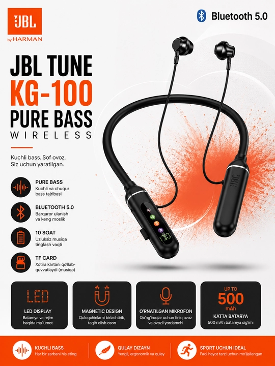 JBL Tune KG-100 Беспроводные Bluetooth Наушники Neckband с LED Дисплеем