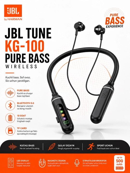 JBL Tune KG-100 Беспроводные Bluetooth Наушники Neckband с LED Дисплеем
