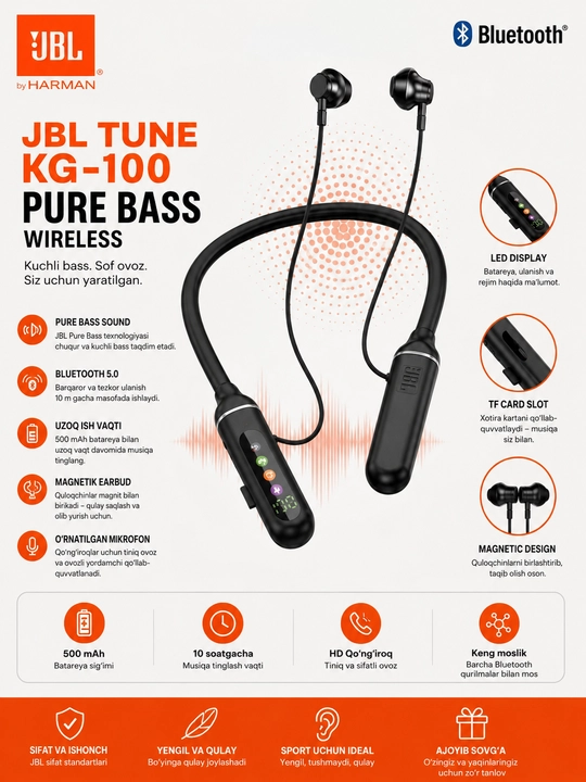 JBL Tune KG-100 Беспроводные Bluetooth Наушники Neckband с LED Дисплеем - 