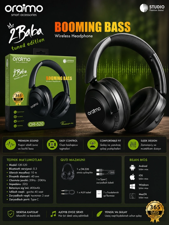 Беспроводные наушники Oraimo OR-520, Bluetooth 5.3, с микрофоном, черные