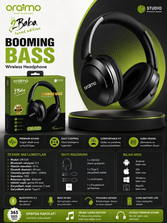 Беспроводные наушники Oraimo OR-520, Bluetooth 5.3, с микрофоном, черные - 