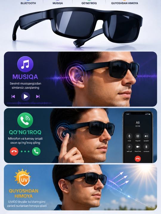 Умные Bluetooth Очки для Мужчин – Для Музыки, Звонков и Защиты от Солнца - 