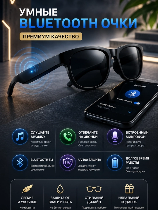 Умные Bluetooth Очки для Мужчин – Для Музыки, Звонков и Защиты от Солнца
